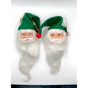 2 Vintage Santa Claus Head w/Soft Furry Beard Rubber Face Christmas Ornaments‎